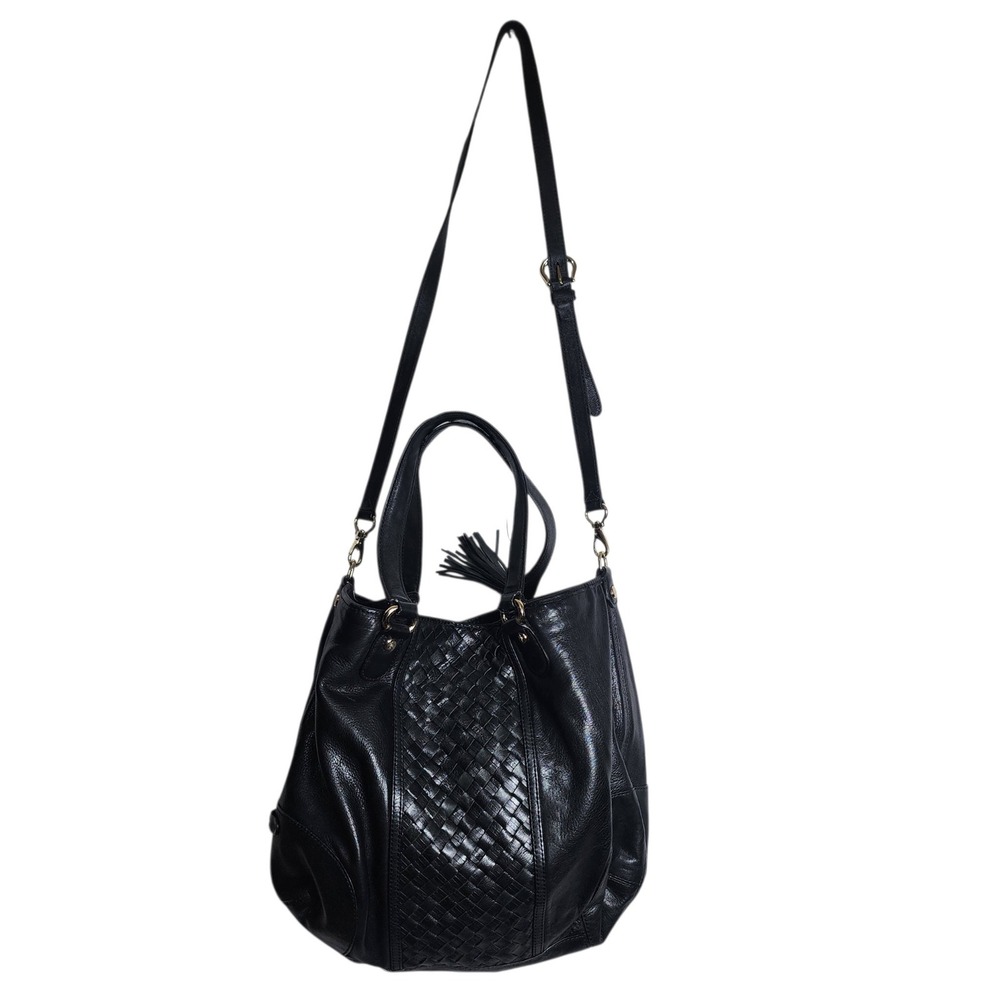 Cole Haan Black Leather Woven Tassel Hobo Shoulder Bag Crossbody Tote